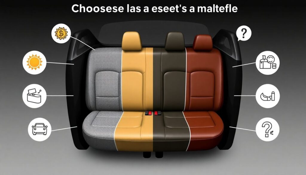 Сравнение материалов сидений: ткань, экокожа, натуральная кожа - иллюстрация